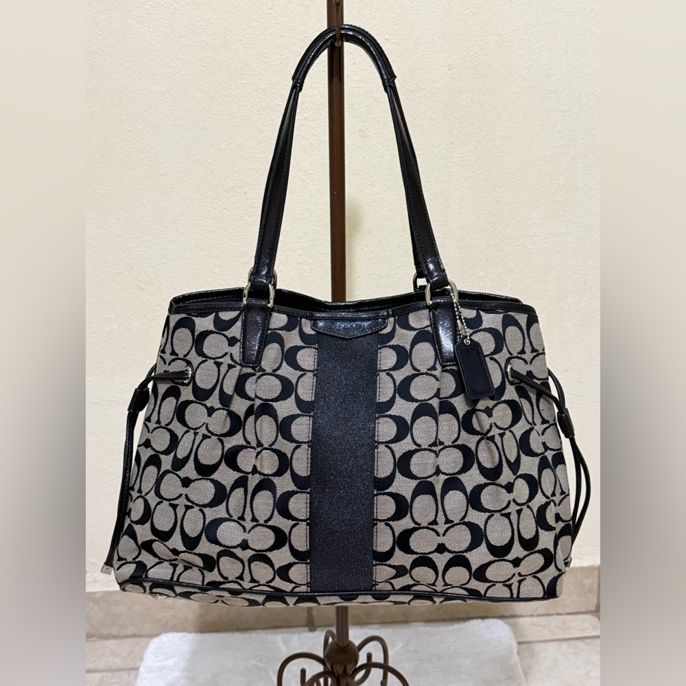 Coach Signature Stripe Drawstring Carryall Black and Tan Signature Tote